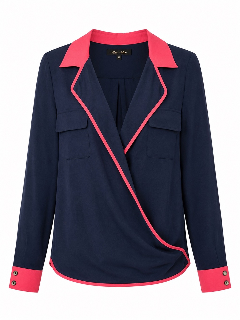 Alex + Alex Navy Blue & Pink Trim Wrap Blouse Women’s Size Medium